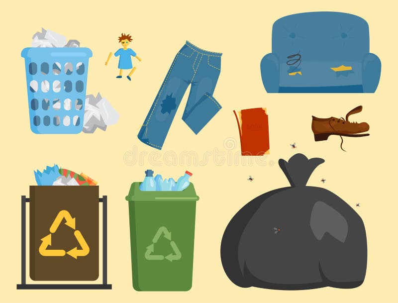 De recyclerende van de vuilniszakkenbanden van huisvuilelementen het beheersindustrie gebruikt concept en de afvalecologie kan re vector illustratie De recyclerende van de vuilniszakkenbanden van huisvuilelementen het beheersindustrie gebruikt concept en de afvalecologie kan re vector illustratie