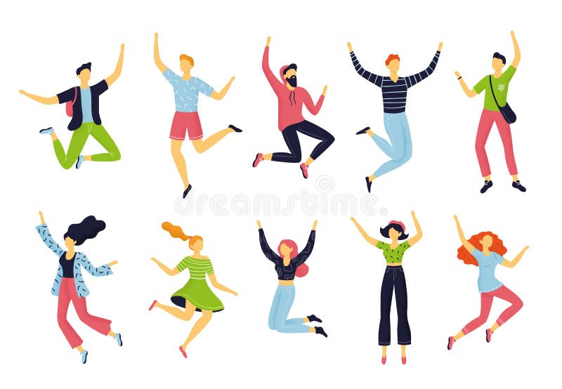 De reeks gelukkige springende mensen in verschillend stelt Hand-drawn inzameling van beeldverhaalvrouwen en mannen royalty-vrije illustratie De reeks gelukkige springende mensen in verschillend stelt Hand-drawn inzameling van beeldverhaalvrouwen en mannen royalty-vrije illustratie