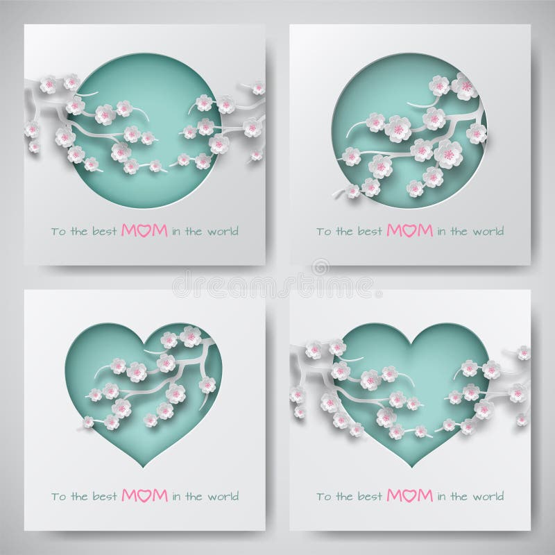 De reeks groetkaarten voor moeder` s dag met vrouwen en babysilhouetten met gelukwenstekst, cuted vormen verfraaide bloemen stock illustratie De reeks groetkaarten voor moeder` s dag met vrouwen en babysilhouetten met gelukwenstekst, cuted vormen verfraaide bloemen stock illustratie