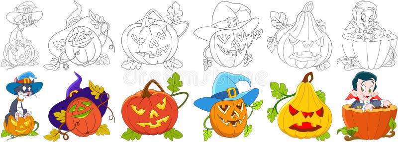 Cartoon halloween set. Cat in a hat sitting on gourd, four carving pumpkins with different emotions, little boy in a costume of vampire Dracula. Coloring book pages for kids. Cartoon halloween set. Cat in a hat sitting on gourd, four carving pumpkins with different emotions, little boy in a costume of vampire Dracula. Coloring book pages for kids.