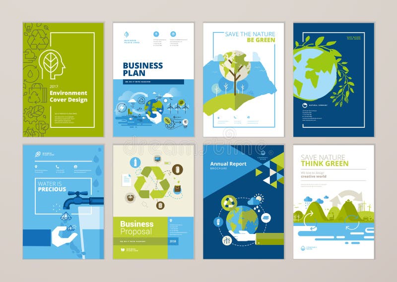 De reeks van brochure en het jaarverslag behandelen ontwerpmalplaatjes van aard, milieu, duurzame energie, duurzame ontwikkeling