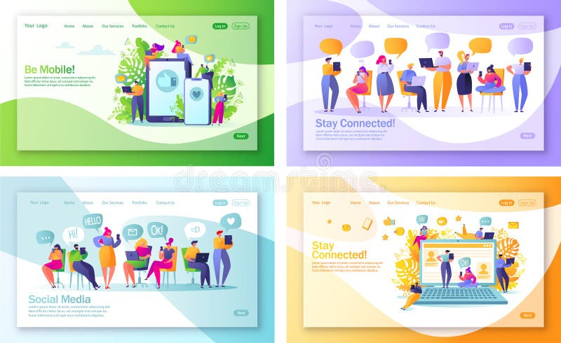 De reeks van concept landingspagina's op sociale media als thema heeft voor mobiel websiteontwikkeling en webpaginaontwerp stock illustratie De reeks van concept landingspagina's op sociale media als thema heeft voor mobiel websiteontwikkeling en webpaginaontwerp stock illustratie