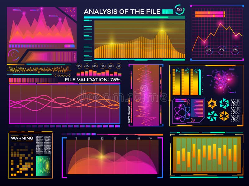 De reeks van de gegevensvisualisatie HUD-kleureninterface Modern infographic malplaatje Diagram met statistiekengrafieken futuris stock illustratie De reeks van de gegevensvisualisatie HUD-kleureninterface Modern infographic malplaatje Diagram met statistiekengrafieken futuris stock illustratie