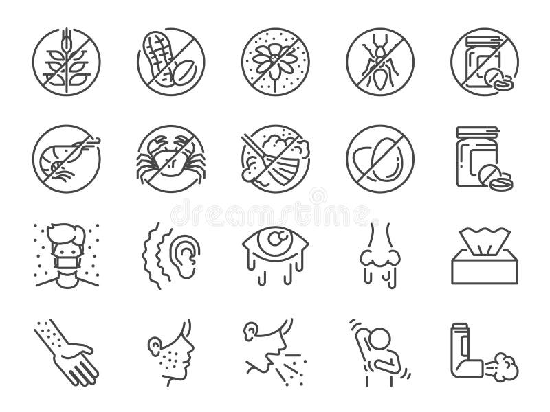 De Reeks van het allergieënpictogram Omvatte de pictogrammen als allergische ziekten, stofallergie, voedselallergie, Rhinitis, si stock illustratie De Reeks van het allergieënpictogram Omvatte de pictogrammen als allergische ziekten, stofallergie, voedselallergie, Rhinitis, si stock illustratie