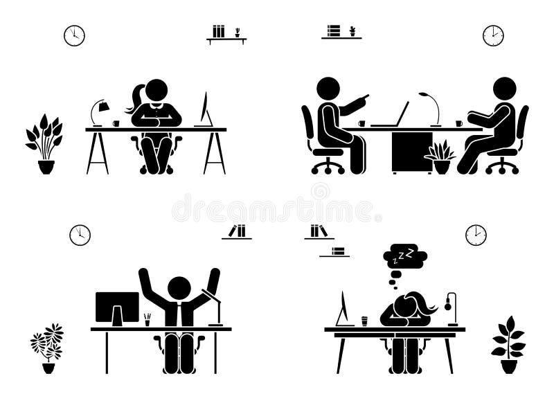 De reeks van het van de bedrijfs bureauvergadering mensenpictogram Gelukkig, vermoeid, het spreken, het zitten het pictogram van vector illustratie De reeks van het van de bedrijfs bureauvergadering mensenpictogram Gelukkig, vermoeid, het spreken, het zitten het pictogram van vector illustratie