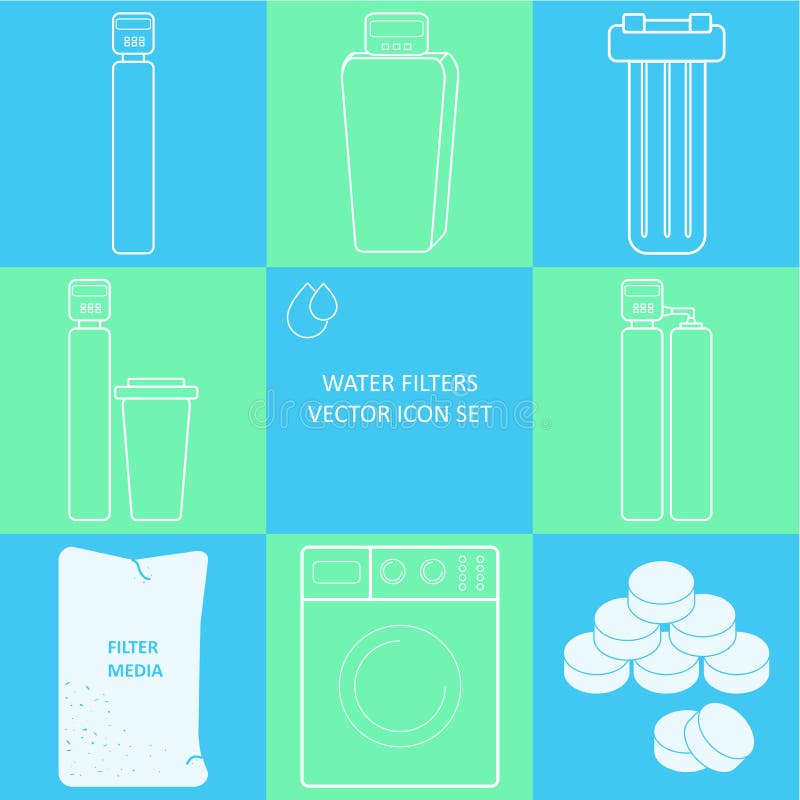 De reeks van het de filterpictogram van het overzichtsleidingwater Drank en huis Verschillende de filters van de waterreiniging o stock illustratie De reeks van het de filterpictogram van het overzichtsleidingwater Drank en huis Verschillende de filters van de waterreiniging o stock illustratie