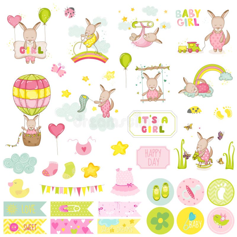 De Reeks van het de Kangoeroeplakboek van het babymeisje Scrapbooking, Decoratieve Elementen, Markeringen, Etiketten, Stickers, N stock illustratie De Reeks van het de Kangoeroeplakboek van het babymeisje Scrapbooking, Decoratieve Elementen, Markeringen, Etiketten, Stickers, N stock illustratie