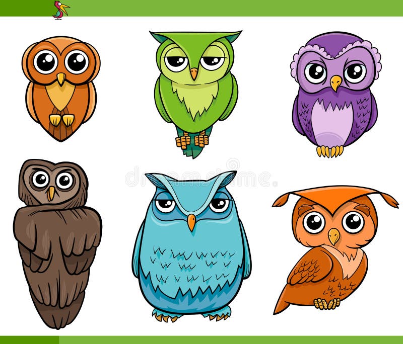 De reeks van het de karaktersbeeldverhaal van de uilvogel stock illustratie De reeks van het de karaktersbeeldverhaal van de uilvogel stock illustratie