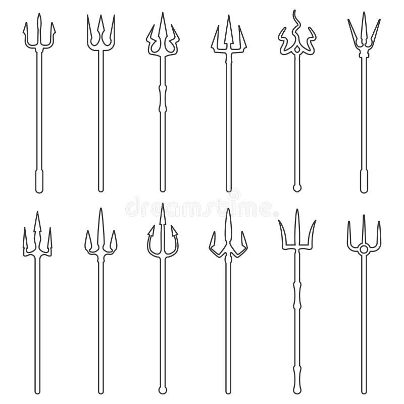 Tridents outline set. Three-pronged spear, magical aquatic weapon with three sharp metal points on the end, Vector line art illustration isolated on white background. Tridents outline set. Three-pronged spear, magical aquatic weapon with three sharp metal points on the end, Vector line art illustration isolated on white background