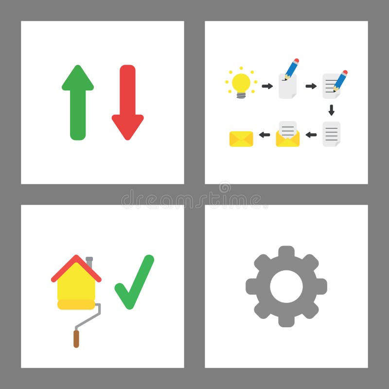 De reeks van het pictogramconcept De pijl op en neer, idee, schrijft en verzendt e-mail, het schilderen huis, toestel vector illustratie De reeks van het pictogramconcept De pijl op en neer, idee, schrijft en verzendt e-mail, het schilderen huis, toestel vector illustratie