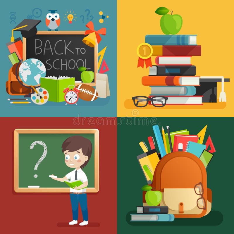 De reeks van het schoolthema Terug naar school, rugzak, schooljongen en andere elementen vector illustratie De reeks van het schoolthema Terug naar school, rugzak, schooljongen en andere elementen vector illustratie