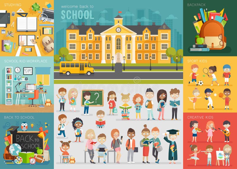 De reeks van het schoolthema Terug naar school, werkplaats, schooljonge geitjes en oth royalty-vrije illustratie De reeks van het schoolthema Terug naar school, werkplaats, schooljonge geitjes en oth royalty-vrije illustratie