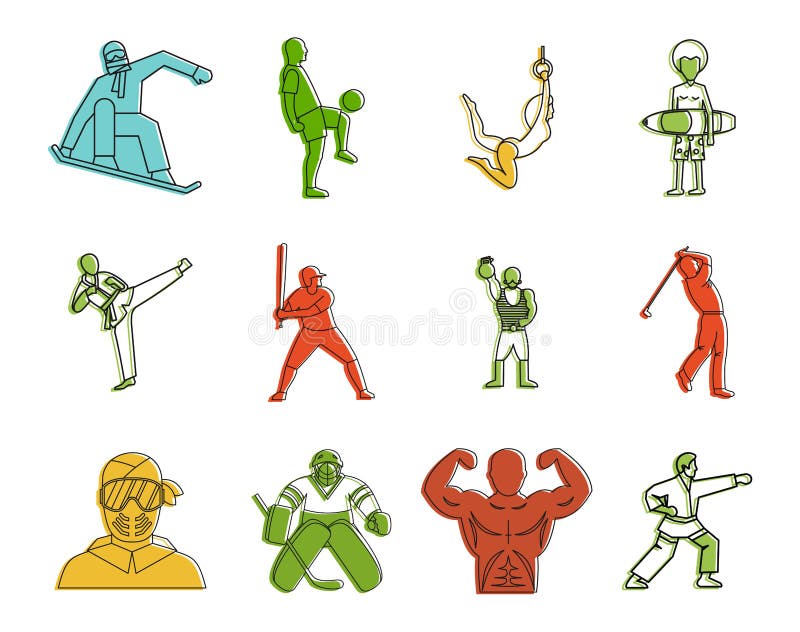 De reeks van het sportmannenpictogram, de stijl van het kleurenoverzicht vector illustratie De reeks van het sportmannenpictogram, de stijl van het kleurenoverzicht vector illustratie