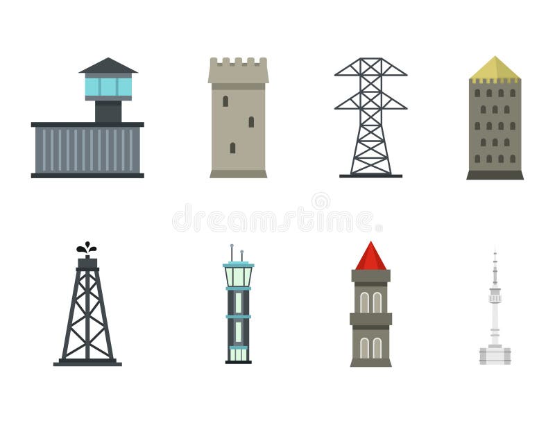 Download De Reeks Van Het Torenpictogram, Vlakke Stijl Vector Illustratie - Illustratie bestaande uit geïsoleerd, broadcasting: 107707177