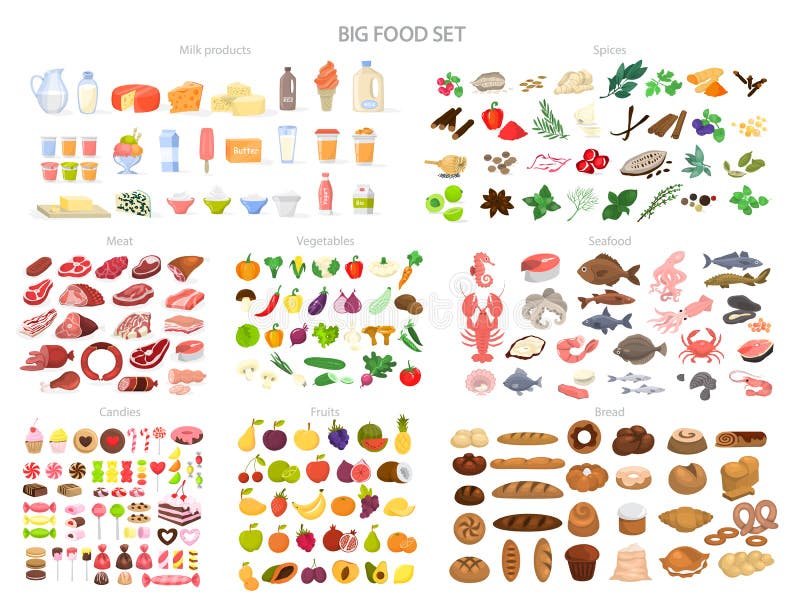 De reeks van het voedsel Inzameling van diverse maaltijd, vissen en vlees
