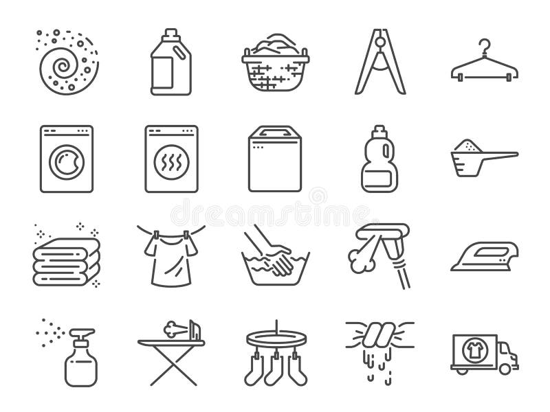 De reeks van het wasserijpictogram Omvatte de pictogrammen als detergens, wasmachine, vers, schoon, ijzer en meer