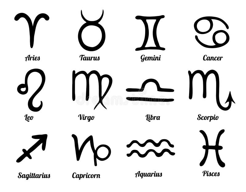 De reeks van 12 overhandigt getrokken dierenriemtekens Zwarte astrologische symbolen royalty-vrije illustratie De reeks van 12 overhandigt getrokken dierenriemtekens Zwarte astrologische symbolen royalty-vrije illustratie