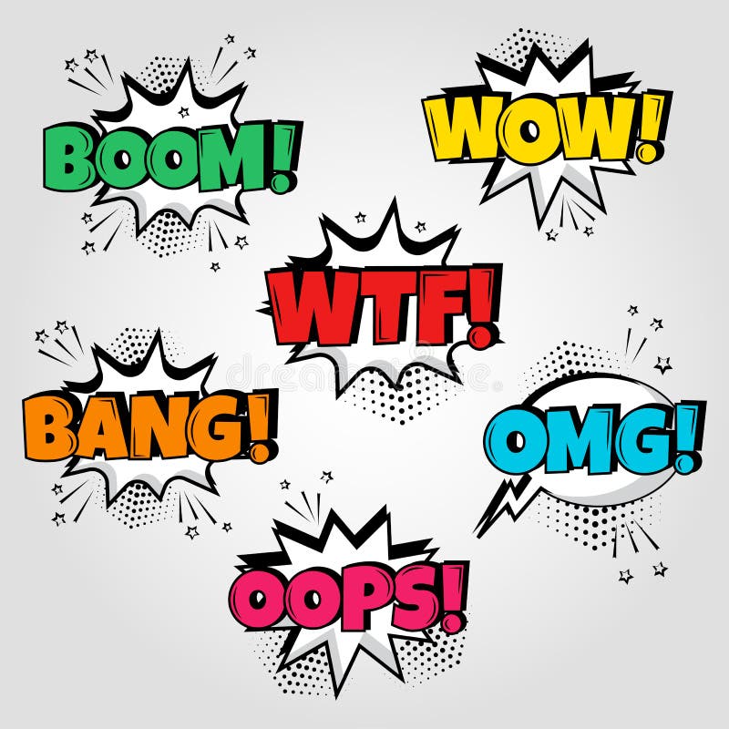De reeks van toespraak borrelt met verschillende emoties en Boom, wauw, Wtf, Klap, Oops-woorden Vector illustratie stock illustratie De reeks van toespraak borrelt met verschillende emoties en Boom, wauw, Wtf, Klap, Oops-woorden Vector illustratie stock illustratie
