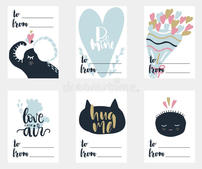 De reeks van de valentijnskaartendag van zes prentbriefkaaren in Skandinavische stijl Vector graphhics vector illustratie De reeks van de valentijnskaartendag van zes prentbriefkaaren in Skandinavische stijl Vector graphhics vector illustratie