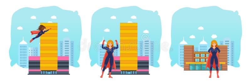 De reeks van vrouwelijke superhero in verschillende situaties en stelt stock illustratie De reeks van vrouwelijke superhero in verschillende situaties en stelt stock illustratie