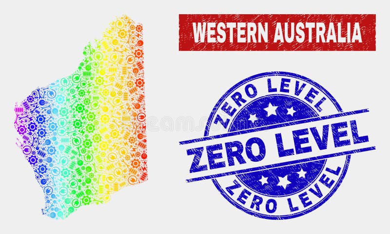 De regenboog Gekleurde Kaart van Productie Westelijk Australië en Gekrast Nul Niveauwatermerken vector illustratie De regenboog Gekleurde Kaart van Productie Westelijk Australië en Gekrast Nul Niveauwatermerken vector illustratie