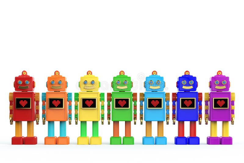 de regenboog kleurde plastic leuk uitstekend robots glanzend licht bub en het scherm met het pictogram van het pixelhart