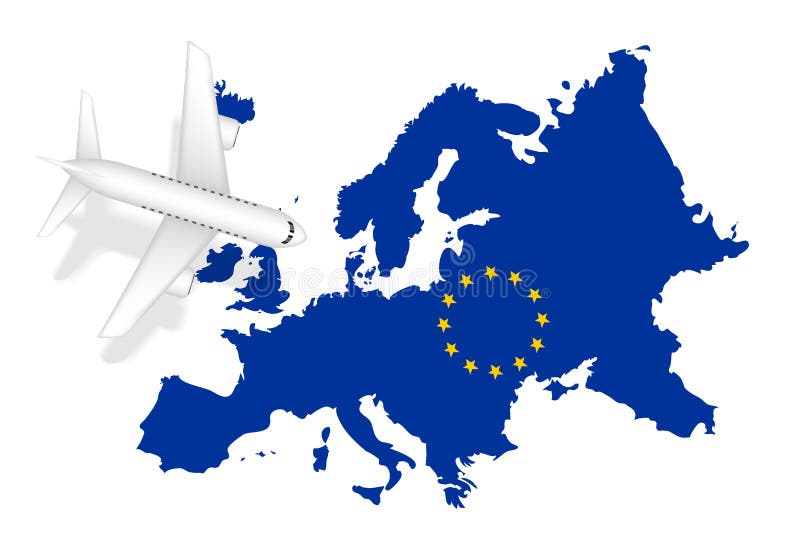 De reis van de vliegtuigvlucht naar Europa op de kaart van Europa stock illustratie De reis van de vliegtuigvlucht naar Europa op de kaart van Europa stock illustratie