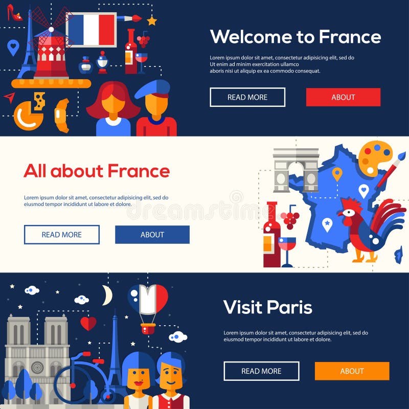 De reisbanners van Frankrijk met beroemde Franse symbolen worden geplaatst dat vector illustratie De reisbanners van Frankrijk met beroemde Franse symbolen worden geplaatst dat vector illustratie