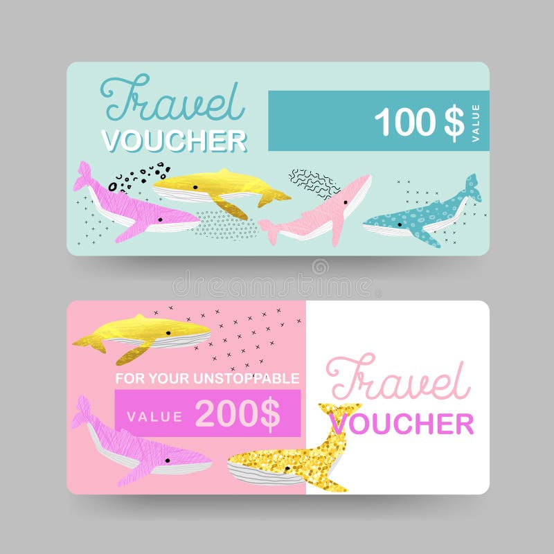 De Reisbons van de de zomergift De Coupon van strandvakanties, Certificaat, Bannermalplaatjes met Leuke Walvissen Verkoopkorting vector illustratie De Reisbons van de de zomergift De Coupon van strandvakanties, Certificaat, Bannermalplaatjes met Leuke Walvissen Verkoopkorting vector illustratie