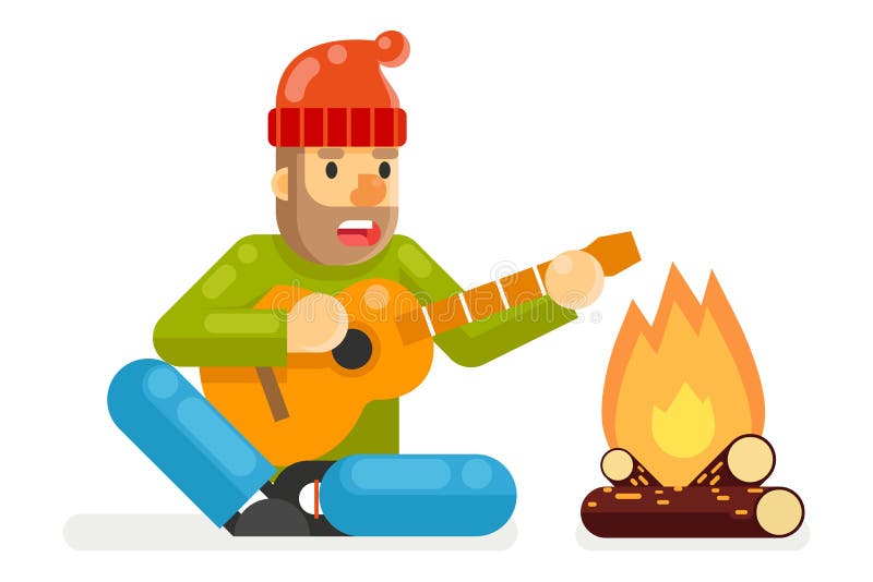 De reiziger zingt het Kampvuur van de Spelengitaar Vlak Ontwerp geïsoleerd Malplaatje Vectorillustratie stock illustratie De reiziger zingt het Kampvuur van de Spelengitaar Vlak Ontwerp geïsoleerd Malplaatje Vectorillustratie stock illustratie