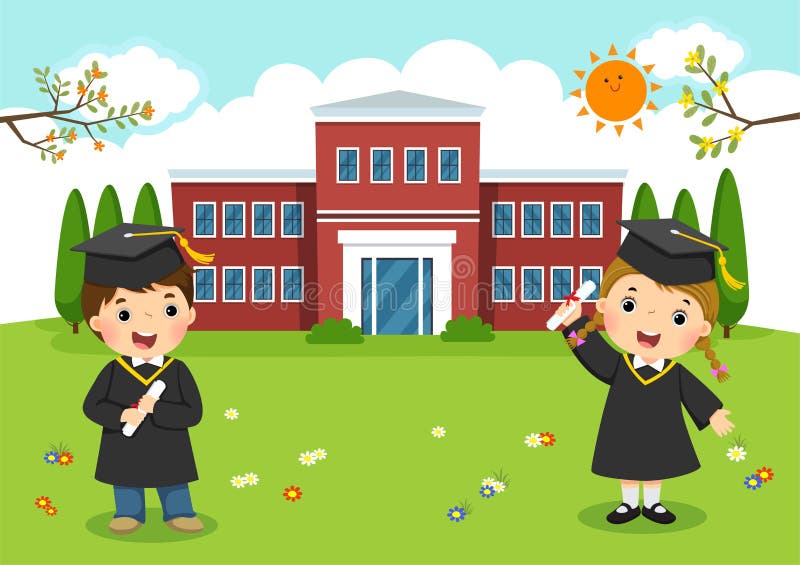De remise des diplômes heureux L'école badine l'obtention du diplôme devant l'école illustration stock De remise des diplômes heureux L'école badine l'obtention du diplôme devant l'école illustration stock
