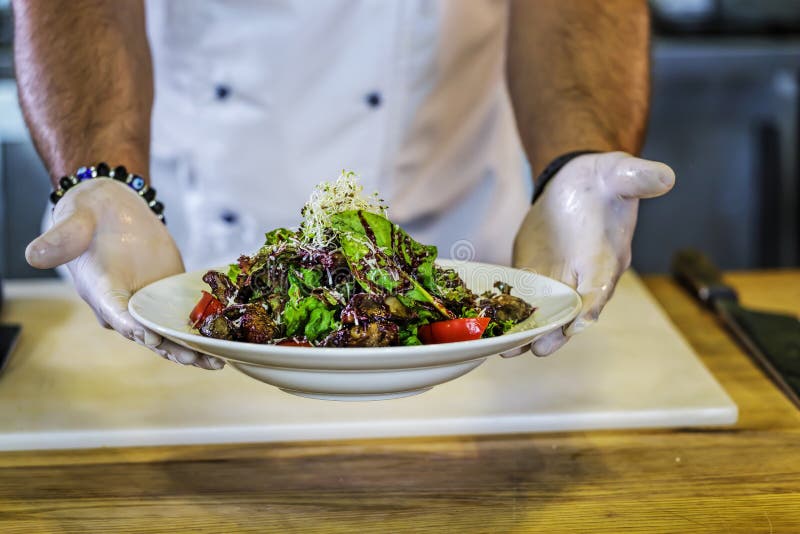 De restaurant` s keuken, Chef-kok houdt een schotel, foie gras, groenten, stock fotografie De restaurant` s keuken, Chef-kok houdt een schotel, foie gras, groenten, stock fotografie