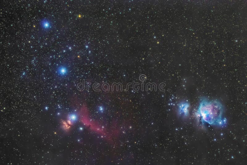 De riem van Orion in de de winterhemel, sterren Alnitak, Alnilam, Mintaka, Horsehead-Nevel, Orion Nebula royalty-vrije stock foto De riem van Orion in de de winterhemel, sterren Alnitak, Alnilam, Mintaka, Horsehead-Nevel, Orion Nebula royalty-vrije stock foto