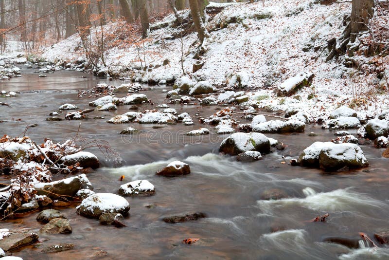 Bergrivier in de sneeuw stock afbeeldingen