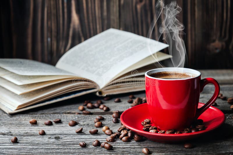 Red cup of coffee and books opened diary on wooden table with coffee beans and steam. Red cup of coffee and books opened diary on wooden table with coffee beans and steam