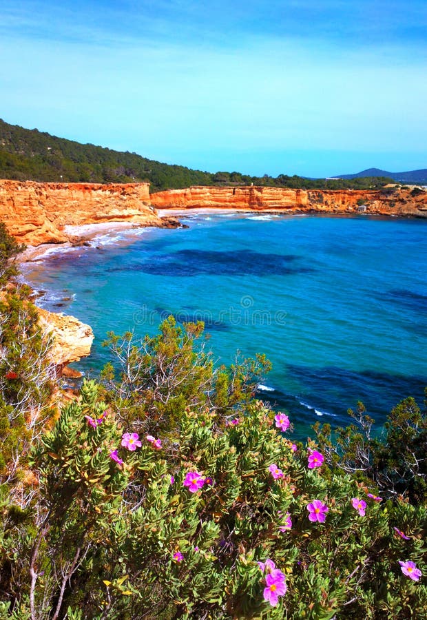 De rode okerkustlijn van Sacaleta Ibiza stock fotografie De rode okerkustlijn van Sacaleta Ibiza stock fotografie