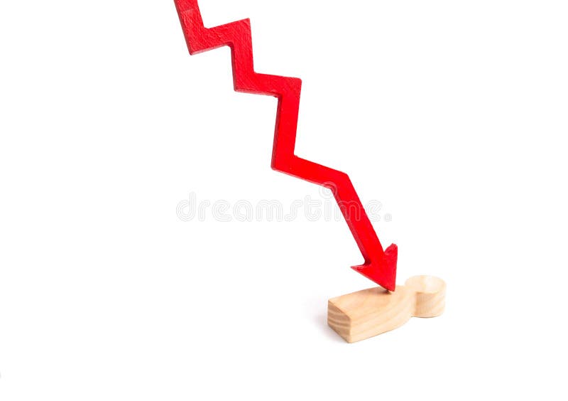 De rode pijl splijt de persoon Het concept psychologische druk Slachtoffer van de economische crisis, dalende citaten en royalty-vrije stock foto De rode pijl splijt de persoon Het concept psychologische druk Slachtoffer van de economische crisis, dalende citaten en royalty-vrije stock foto