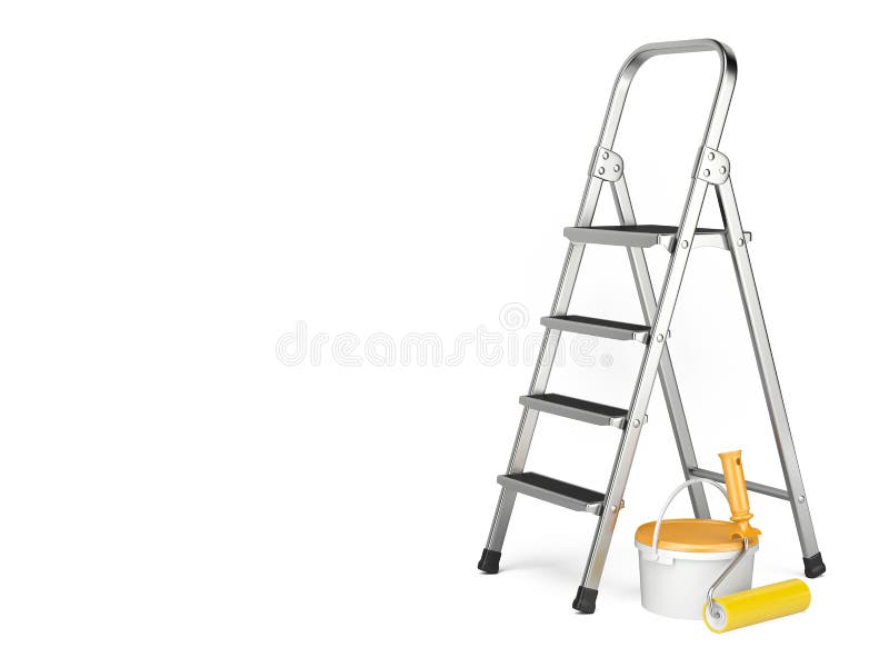 De Rol van de verf met verfsteekproeven De ladder, verf kan en rol schilderen stock illustratie De Rol van de verf met verfsteekproeven De ladder, verf kan en rol schilderen stock illustratie