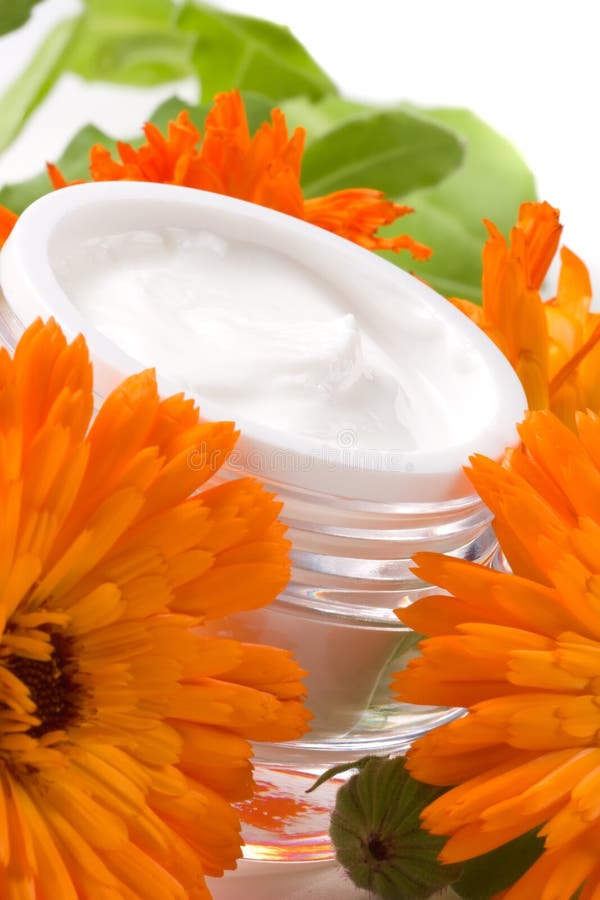 Closeup of jar of moisturizing face cream surrounded by fresh marigold flowers. Closeup of jar of moisturizing face cream surrounded by fresh marigold flowers