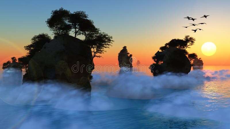 De rotsachtige eilanden van de zonsondergang of van de zonsopgang