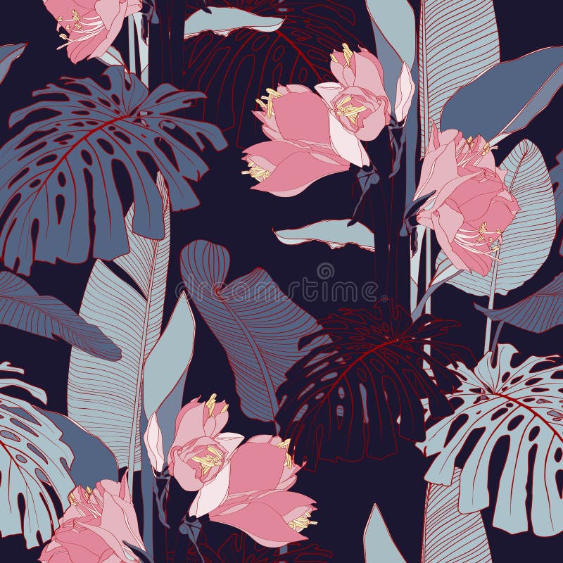 De roze bloemen van de lijnlelie met exotische monsterabladeren, donkerblauwe achtergrond Bloemen naadloos patroon royalty-vrije illustratie De roze bloemen van de lijnlelie met exotische monsterabladeren, donkerblauwe achtergrond Bloemen naadloos patroon royalty-vrije illustratie