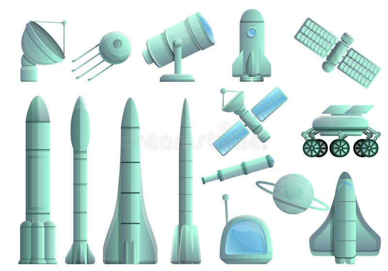 De ruimte geplaatste pictogrammen van de onderzoektechnologie, beeldverhaalstijl vector illustratie De ruimte geplaatste pictogrammen van de onderzoektechnologie, beeldverhaalstijl vector illustratie