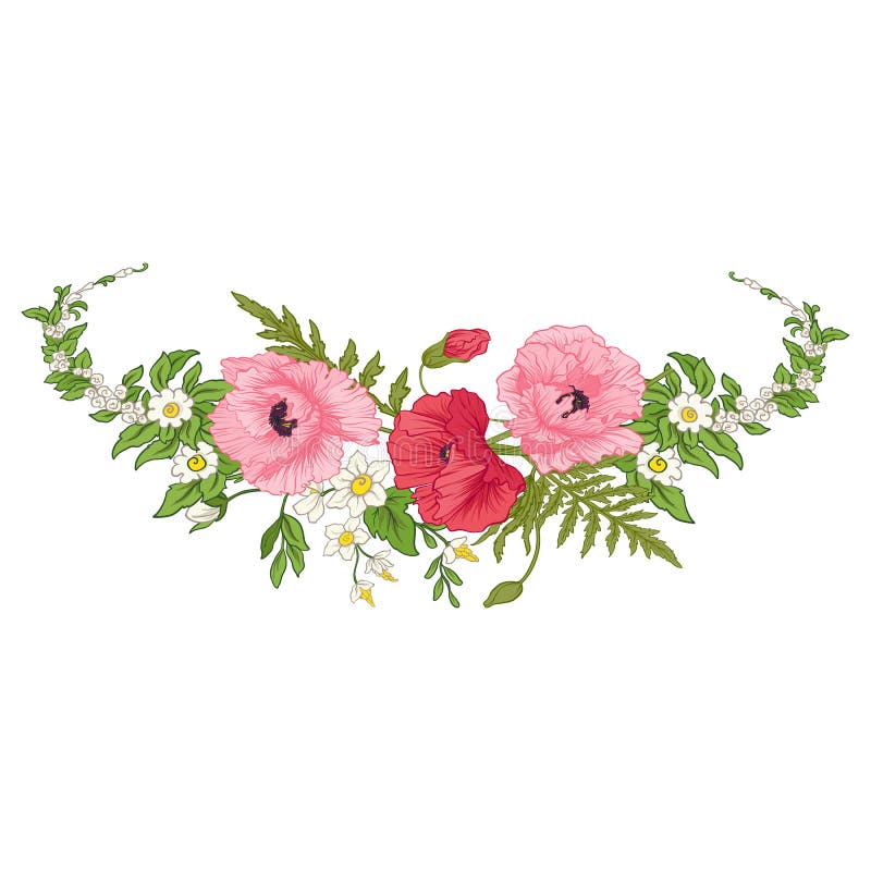 De samenstelling met de zomer bloeit: papaver, gele narcis, anemoon vector illustratie De samenstelling met de zomer bloeit: papaver, gele narcis, anemoon vector illustratie