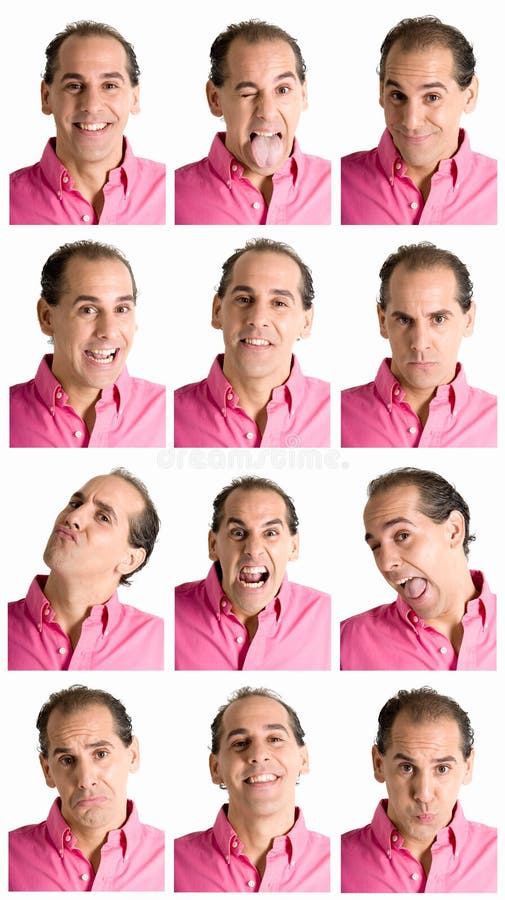 De samenstelling van het gezichtsuitdrukkingen van de mens die op wit wordt geïsoleerd stock foto De samenstelling van het gezichtsuitdrukkingen van de mens die op wit wordt geïsoleerd stock foto
