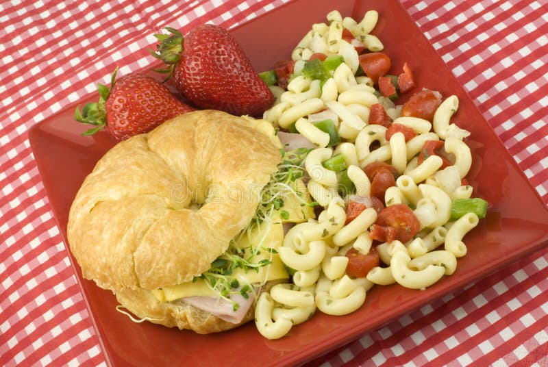 De Sandwich van de ham en van de Kaas met de Salade van de Macaroni stock afbeelding De Sandwich van de ham en van de Kaas met de Salade van de Macaroni stock afbeelding