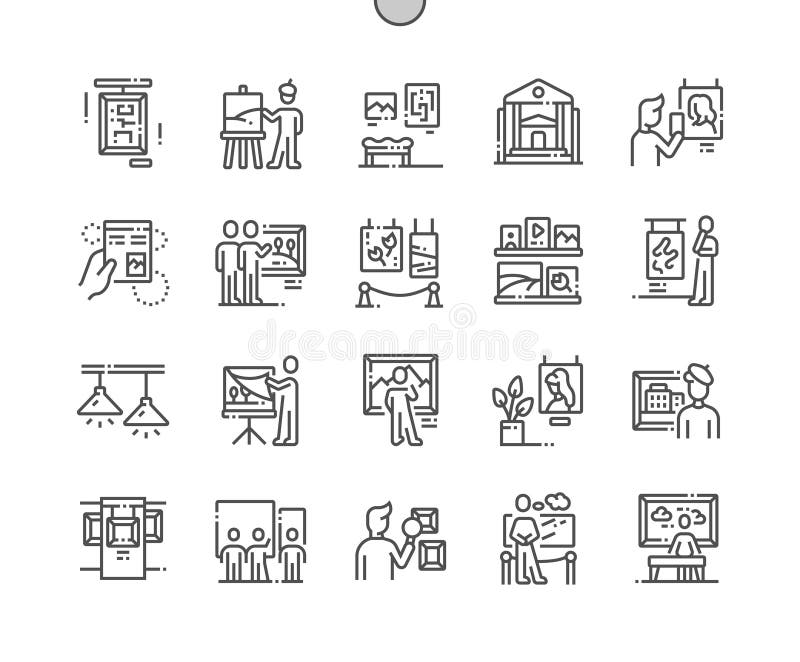 De schilderende tentoonstelling goed-Bewerkte Pictogrammen van de Pixel Perfecte Vector Dunne Lijn vector illustratie De schilderende tentoonstelling goed-Bewerkte Pictogrammen van de Pixel Perfecte Vector Dunne Lijn vector illustratie