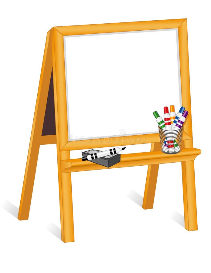 Child's whiteboard easel with multicolor dry erase markers and eraser. Copy space to add your own text, drawings, doodles. EPS8 in groups for easy editing. Child's whiteboard easel with multicolor dry erase markers and eraser. Copy space to add your own text, drawings, doodles. EPS8 in groups for easy editing.