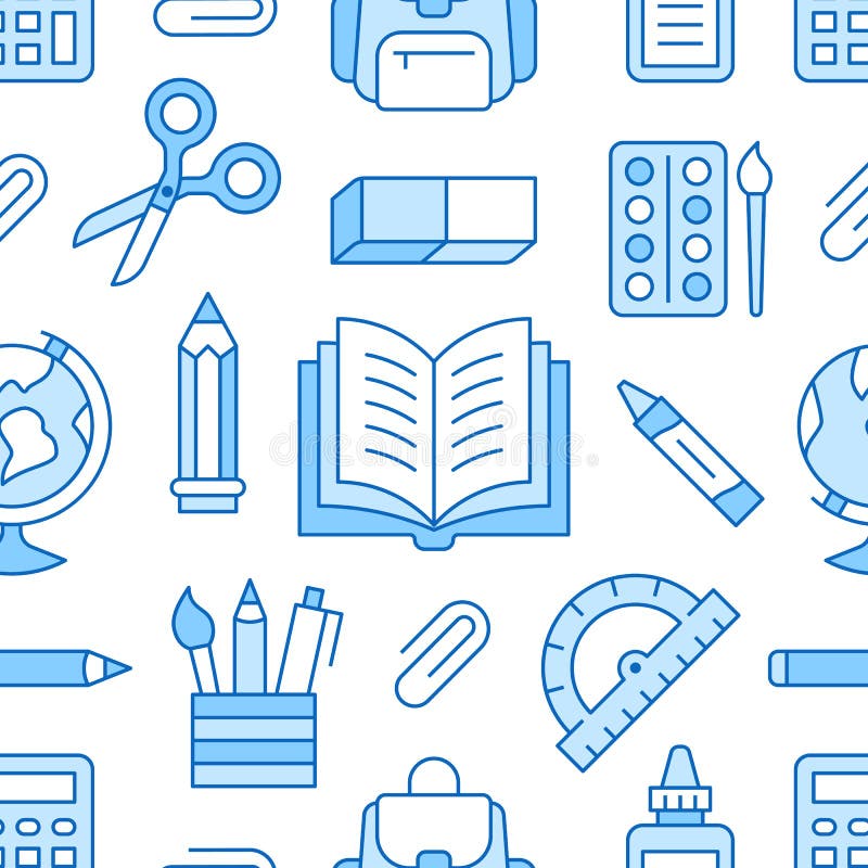 De school voorziet naadloos patroon van lijnpictogrammen De achtergrond van studiehulpmiddelen - bol, calculator, boek, potlood, stock illustratie De school voorziet naadloos patroon van lijnpictogrammen De achtergrond van studiehulpmiddelen - bol, calculator, boek, potlood, stock illustratie