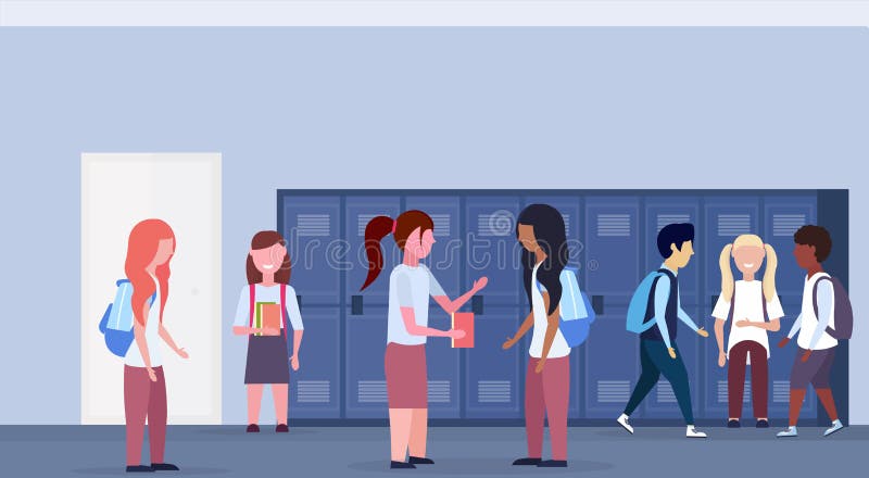 De schoolkinderen van het mengelingsras groeperen status in de gangbinnenland van de schoolhal met rij van blauwe kastenmededelin royalty-vrije illustratie De schoolkinderen van het mengelingsras groeperen status in de gangbinnenland van de schoolhal met rij van blauwe kastenmededelin royalty-vrije illustratie