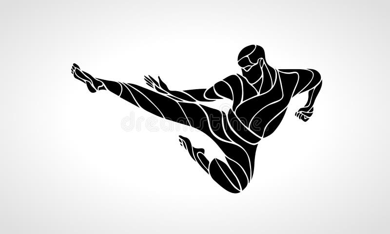 Karate power kick. Martial arts man silhouette. Detailed vector illustration of a martial arts master. Karate power kick. Martial arts man silhouette. Detailed vector illustration of a martial arts master